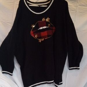 Torrid Black Sweater with Red Plaid Lips and Gold Stars